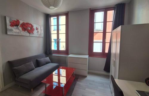 un salon avec un canapé et une table dans l'établissement Appartement vieille ville Le Puy, au Puy-en-Velay
