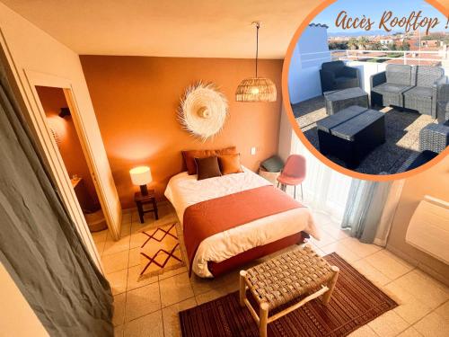 a bedroom with a bed and a view of a balcony at Les suites de la Villa Morane in Perpignan