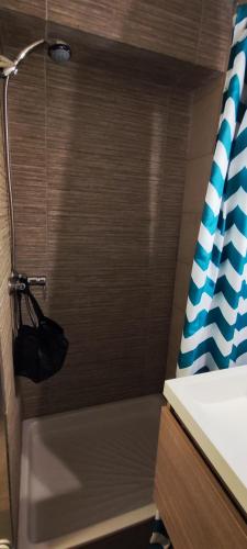 une salle de bain avec une douche avec un rideau de douche dans l'établissement Studio Cabine La Grande Motte, à La Grande Motte