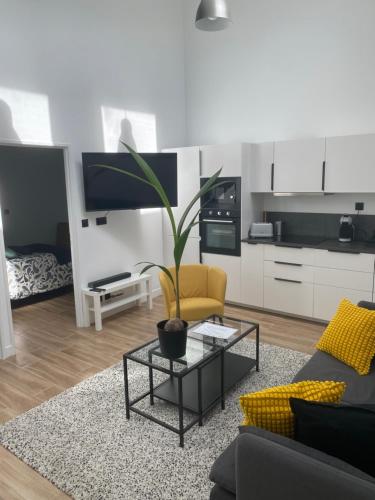 un salon avec un canapé et une table avec une plante dans l'établissement Le Loft - Nantes, à Nantes