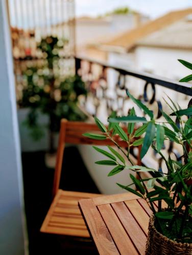 a wooden table with a potted plant on a balcony at Les Spas de la mer, Appart&Spa Canopée, 100m de la plage, Love Room in Le Grau-du-Roi