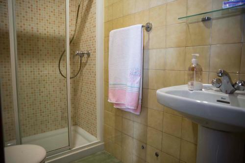 y baño con ducha, lavamanos y ducha. en Hostal A Pedra en Vigo