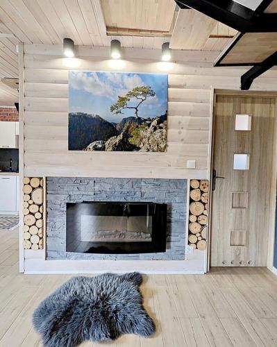a fireplace in a living room with a tv above it at Domek Sielski Zakątek Pieniny in Szczawnica