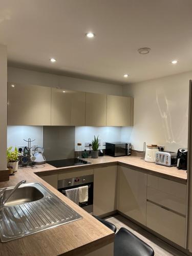 a kitchen with a sink and a counter at Cozy 1 Bedroom Apartment Retreat in West Thurrock