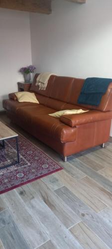 a brown leather couch sitting in a living room at Gîte nature et spa in Castelnau-de-Brassac