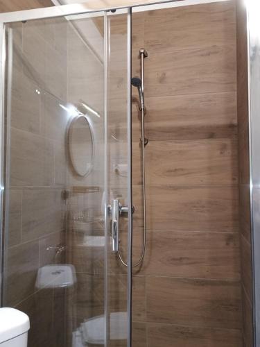 une douche avec une porte vitrée dans une salle de bain dans l'établissement Vintage EM, à Krosno