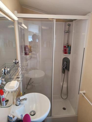 une salle de bain avec douche et lavabo dans l'établissement Mobil 6 Places direct sur la plage, à Camiers