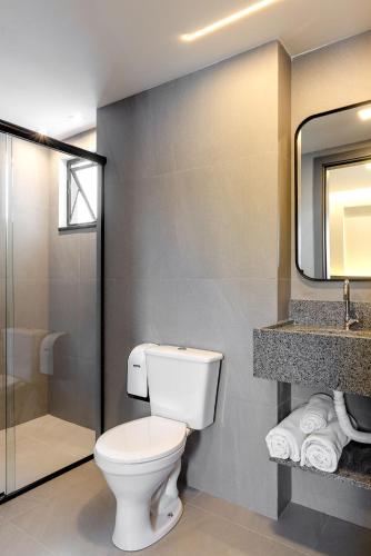 a bathroom with a toilet and a sink and a mirror at Villano Hotel in Blumenau