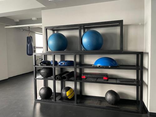 a shelf with helmets and balls on it at Apartment in La Roma, Pool&GYM in Mexico City