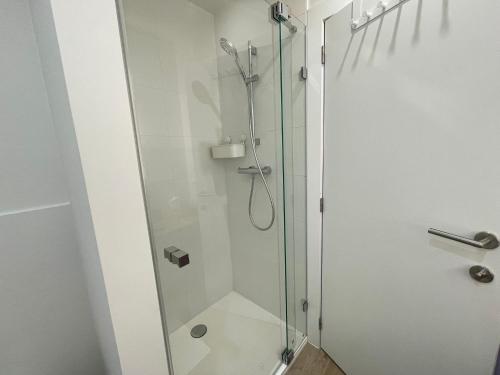 a shower with a glass door in a bathroom at OneLuxStay near Antwerp Central in Antwerp