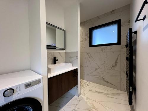 La salle de bains est pourvue d'un lave-linge, d'un lavabo et d'un miroir. dans l'établissement Appartement 2chambres entre lac et montagnes, à Sévrier