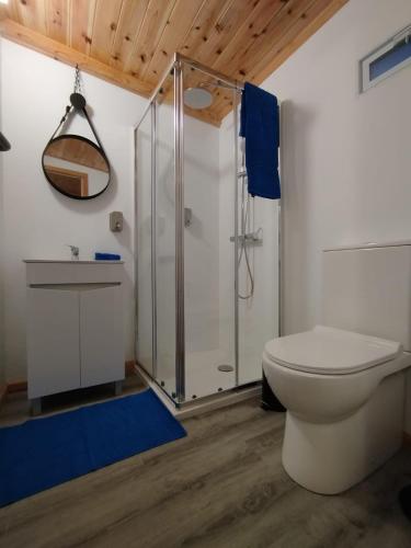 a bathroom with a toilet and a shower at North Coast Camping in Biscoitos