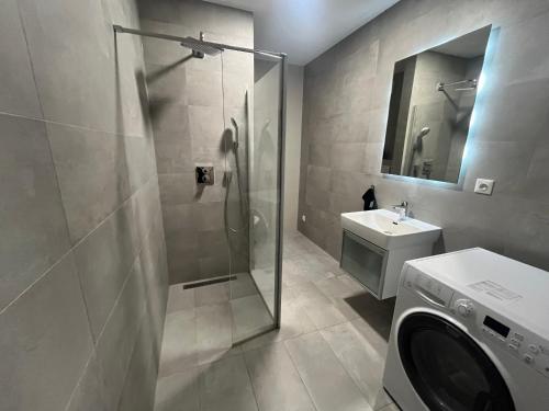 W łazience znajduje się prysznic, umywalka i pralka. w obiekcie Apartment Sun Lakes - Sever w mieście Senec
