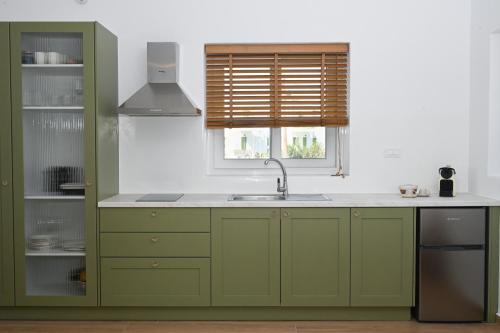 a kitchen with green cabinets and a sink at Olive - Volia deluxe apartments in Adamas