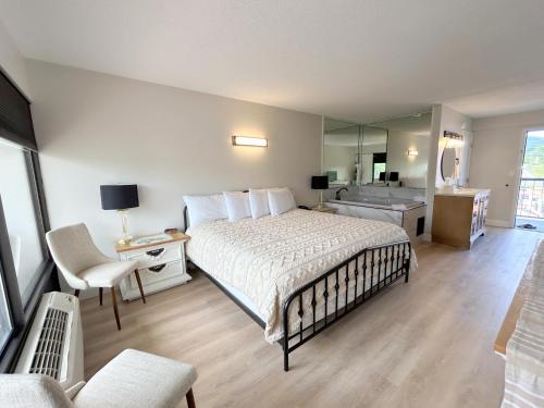 a bedroom with a bed and a desk and a mirror at Rivergate Mountain Lodge in Pigeon Forge