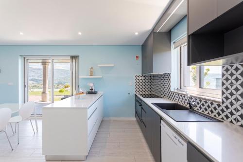 a kitchen with blue walls and white counter tops at Ladeira Suites, a Douro Retreat by HostWise in Santa Marinha do Zêzere