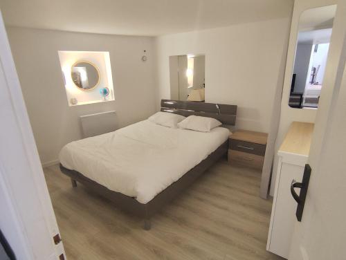 une chambre avec un grand lit et un miroir dans l'établissement Grand 2 pièces atypique aux portes de la Vallée de Chevreuse, à Châteaufort