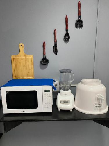 a counter with a blender and a microwave on it at Casa Alameda in Mexico City