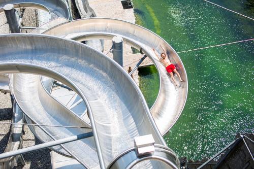 an overhead view of a water slide with a person on it at AREA 47 - Tirol in Ötztal-Bahnhof
