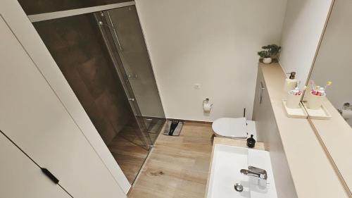 a bathroom with a shower and a toilet and a sink at Lustica Bay Centrale 7a4 in Tivat