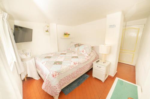 a small bedroom with a bed and a tv at Posada del Angel in Salento