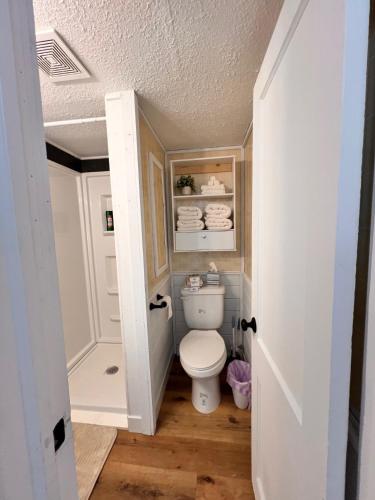 a bathroom with a toilet in a small room at Wake to views of Leech Lake in Walker