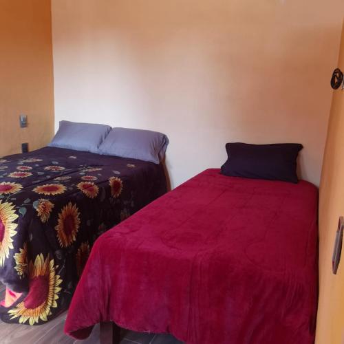 a bedroom with a bed and a red blanket at Cabaña Arelys in Cedro