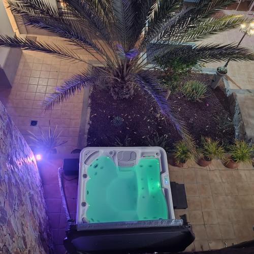 an overhead view of a pool in a room with palm trees at Villa Magnificent 5-star with sea view, jacuzzi and pool in Arguineguín