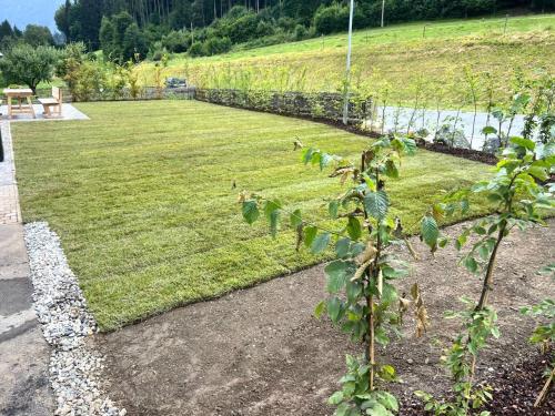 a garden with a field of grass and a fence at Obermöschach 5A in Obermöschach