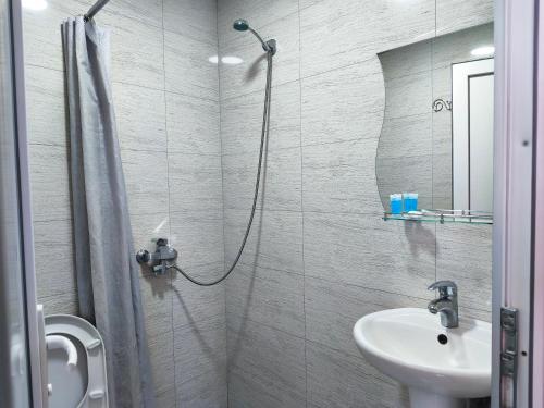 a bathroom with a shower with a sink and a toilet at Apartment Panorama in Tbilisi City