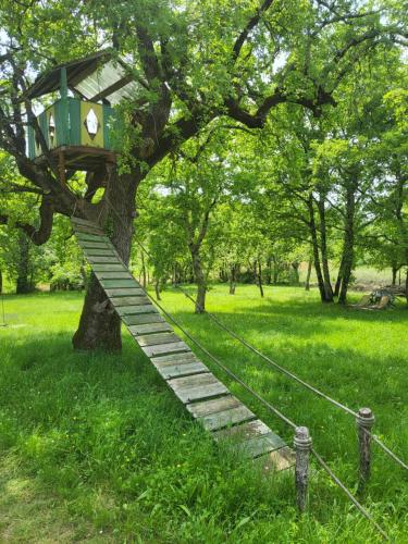 a tree with a tree house on top of it at Klunj home in Buje