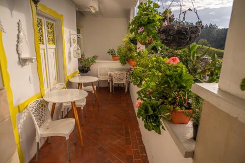 a room with tables and chairs and plants at Posada del Angel in Salento