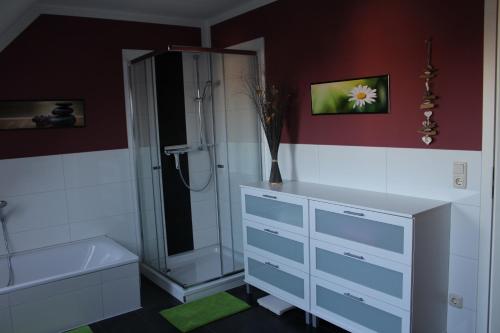 a bathroom with a shower and a white dresser and a sink at Ferienwohnung Seeluft in Loissin