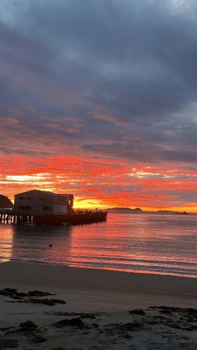 a sunset over a beach with a pier in the water at South Sea Hotel - Stewart Island in Half-moon Bay