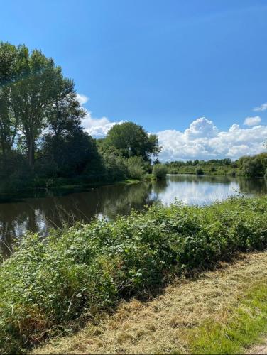 a body of water with trees and bushes at Trent View - New House in Branston, Staffordshire in Branston