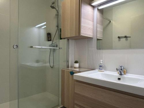 une salle de bain avec un lavabo et une douche dans l'établissement Appartement 3 pièces, parking, climatisation, Banyuls-sur-Mer - FR-1-225C-168, à Banyuls-sur-Mer