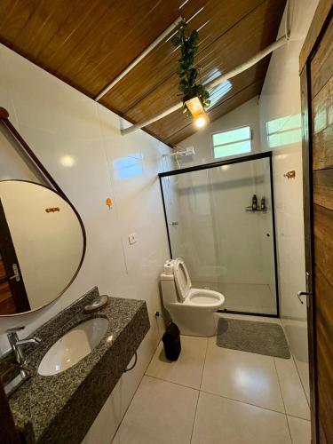 a bathroom with a toilet and a sink and a mirror at Pousada Refúgio das Águas Quarto 4 in Chapecó
