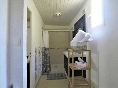 une salle de bain avec une douche avec un rideau de douche dans l'établissement Maison clim de Septembre à Juin, à Six-Fours-les-Plages