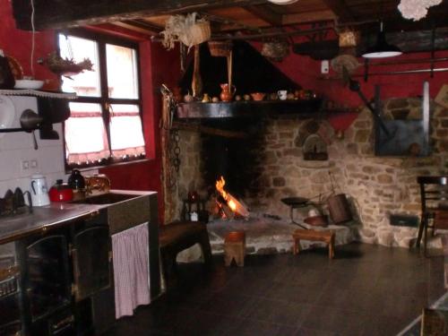 a living room with a fireplace and a stove at Xabu Hostel in Cuérigo