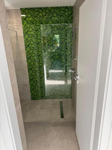 a bathroom with a shower with a green wall at Mineral Zafír apartman in Nyíregyháza