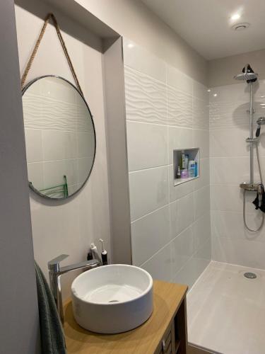 une salle de bain avec un lavabo, une baignoire et un miroir dans l'établissement T2 historic district of Carmes, à Toulouse