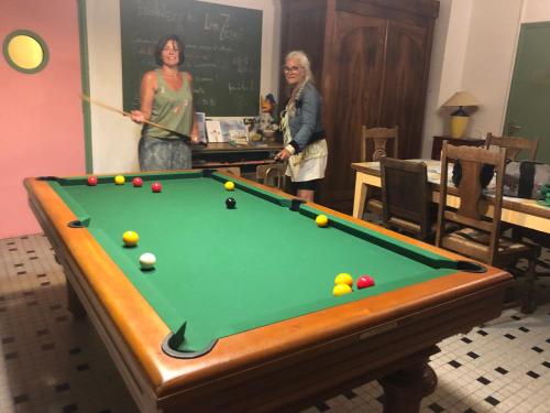 zwei Frauen stehen neben einem Billardtisch in der Unterkunft Auberge du Lama Zébré in Penmarcʼh