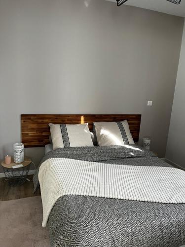 - une chambre avec 2 lits et une tête de lit en bois dans l'établissement Chez Mihaela, à La Celle-sous-Gouzon