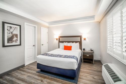 a bedroom with a large bed and a nightstand at Inn at 50 Long Beach Convention Center in Long Beach