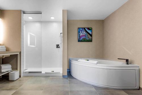 a bathroom with a white tub and a stained glass window at Cambria Hotel Downtown Asheville in Asheville