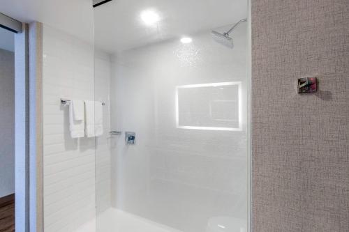 a white bathroom with a shower with a glass door at Cambria Hotel Downtown Asheville in Asheville
