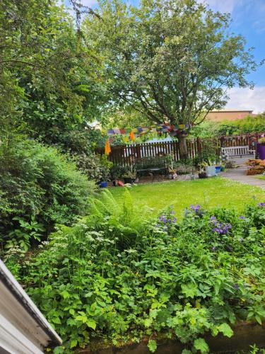 a garden with a bench and some bushes and flowers at Largs holiday flat in Largs