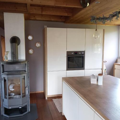 a kitchen with a stove top oven in a kitchen at Alfseeglück in Alfhausen