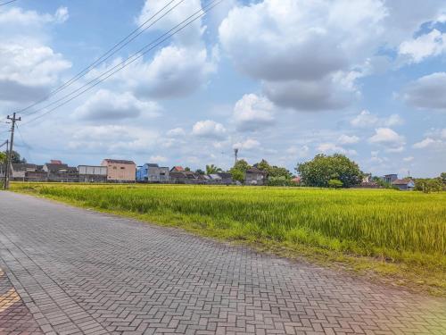 a brick road next to a field of grass at Palma Villa Homestay Klaten in Kuwoso