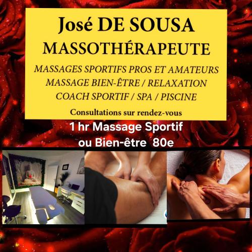 un dépliant pour un programme de massage avec une femme dans une salle de bain dans l'établissement The White Home Broadway Love Room, à Châteauroux